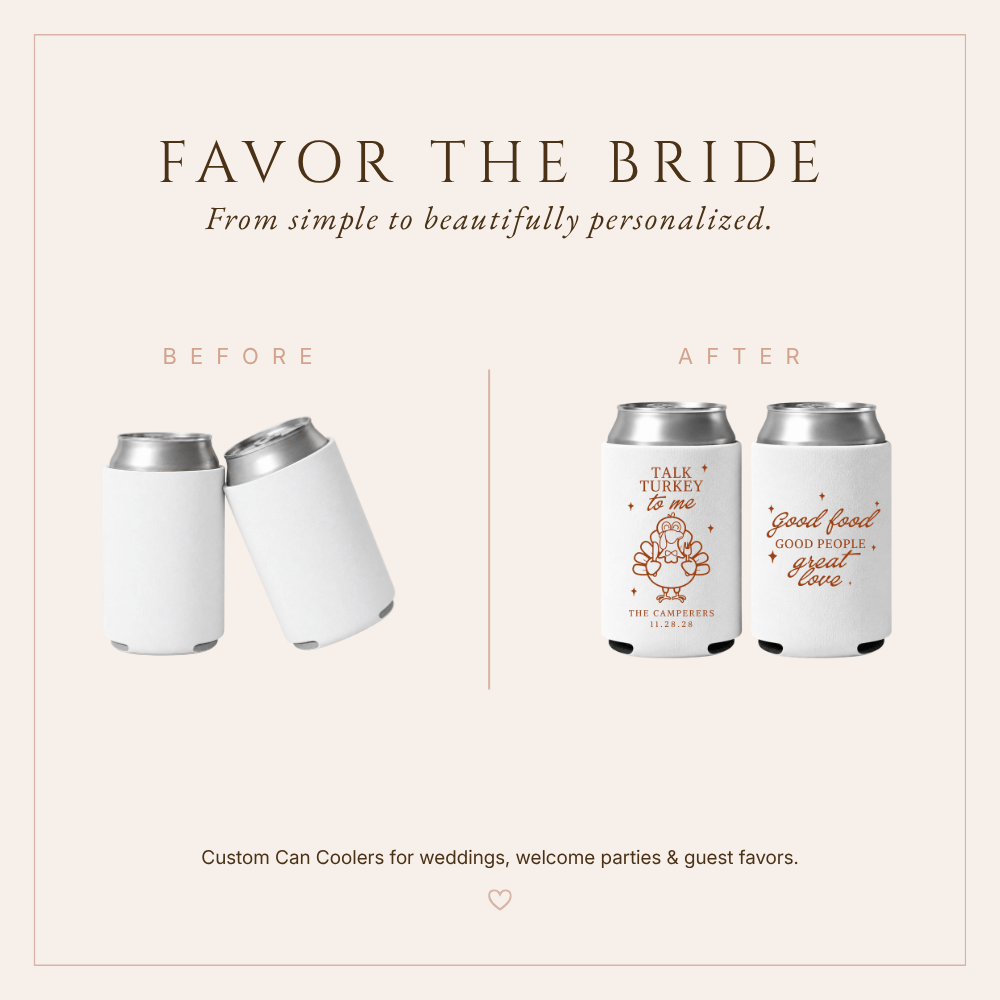 Thanksgiving wedding favor featuring a charming turkey illustration, personalized couple names, and wedding date.
