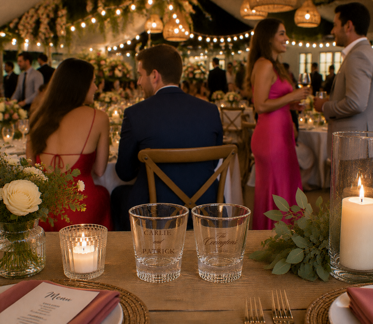 Personalized classic wedding shot glass with elegant couple names.

Custom wedding shot glass featuring family surname and wedding date.

Elegant wedding favor shot glass with custom names and surname.
