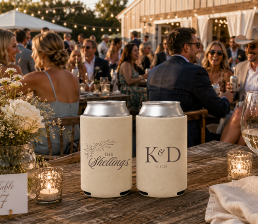 Custom wedding can cooler with elegant family name typography and personalized initials.
Premium foam wedding can cooler featuring botanical details and custom family name.
Elegant personalized wedding can cooler with initials, family name, and wedding date.
