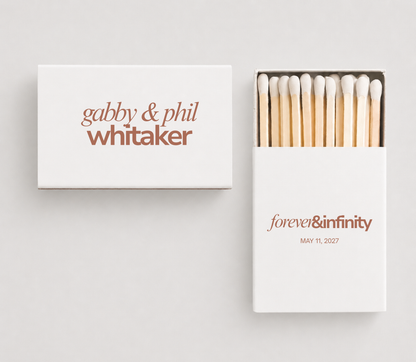 Personalized modern wedding matchboxes with white and red design for candle stations, cigar bars, and welcome bags