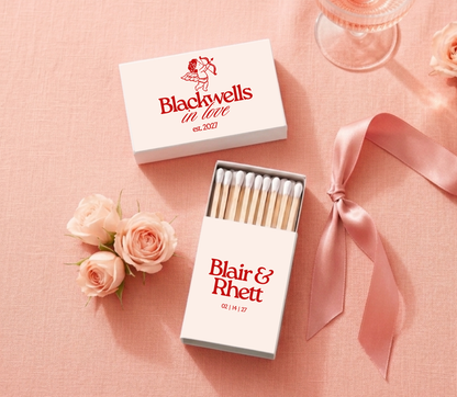 Personalized matchbox wedding favors with romantic red typography for bridal showers, engagement parties, and rehearsal dinners