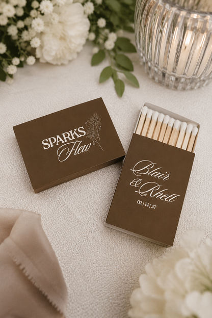 Personalized Sparks Fly wedding matchboxes with custom names, wedding date, and white firework artwork on taupe brown matchboxes