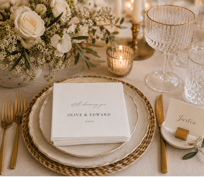 Custom wedding napkins with Still Choosing You wording, personalized names, and wedding date for reception tables