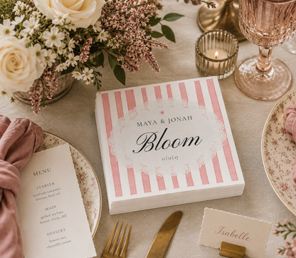 Romantic Wedding Napkins with Pink stripes and couples last names and first   Design