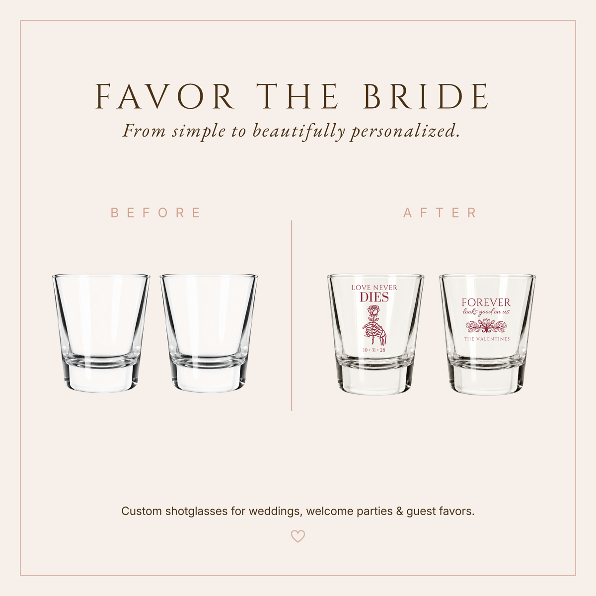 Personalized Halloween wedding favors featuring Love Never Dies wording, skeleton hand, and romantic rose artwork.