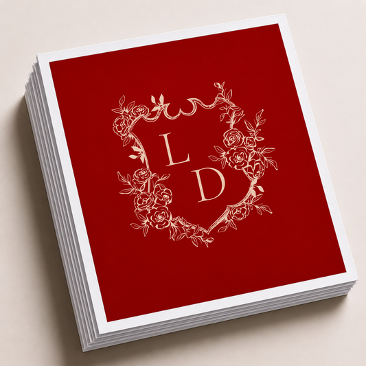 Red personalized floral crest wedding cocktail napkins featuring an elegant botanical monogram with custom couple initials.
