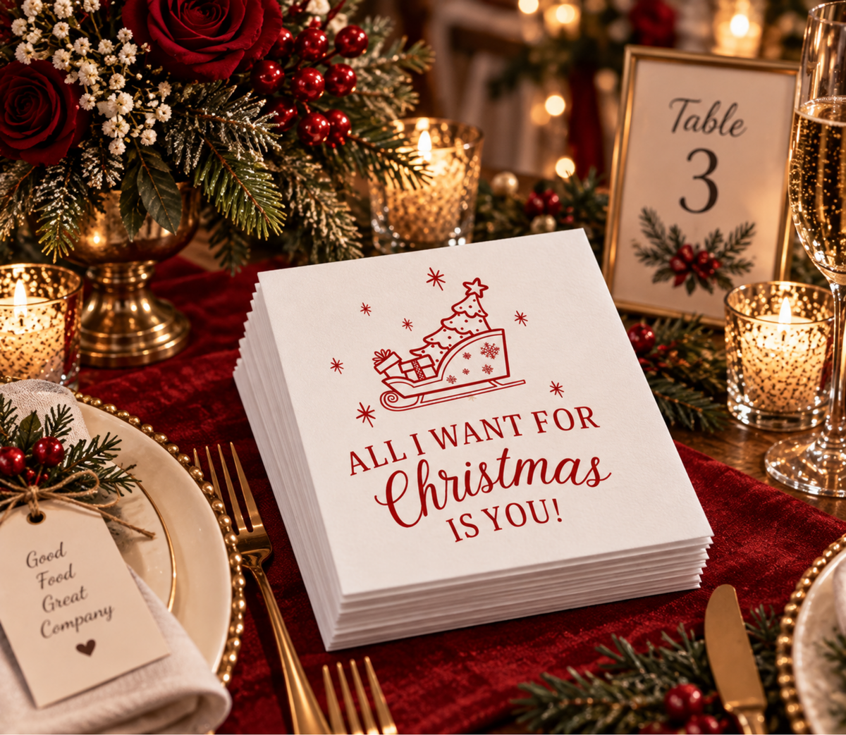 Romantic winter wedding napkins with All I Want For Christmas Is You wording, Christmas tree sleigh illustration, and custom names.