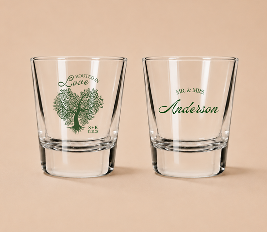 Personalized Rooted in Love Wedding Shot Glasses