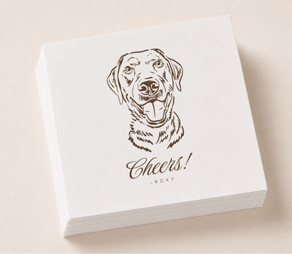 Personalized pet portrait wedding napkin featuring a custom dog illustration, pet name, and cheers message
