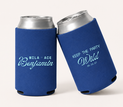 Personalized royal blue wedding can coolers featuring Mila and Ace Benjamin names and a Keep The Party Wild design with wedding date in bright aqua lettering.