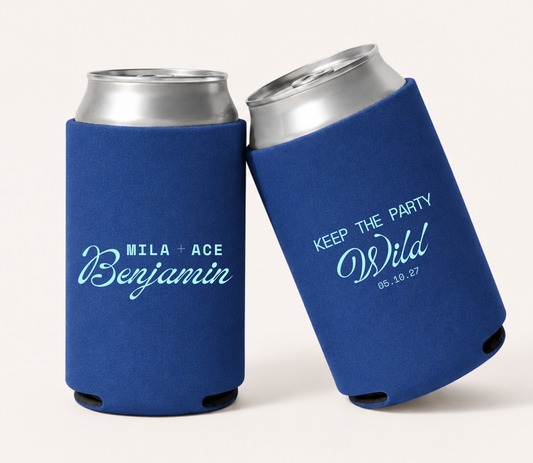 Personalized royal blue wedding can coolers featuring Mila and Ace Benjamin names and a Keep The Party Wild design with wedding date in bright aqua lettering.