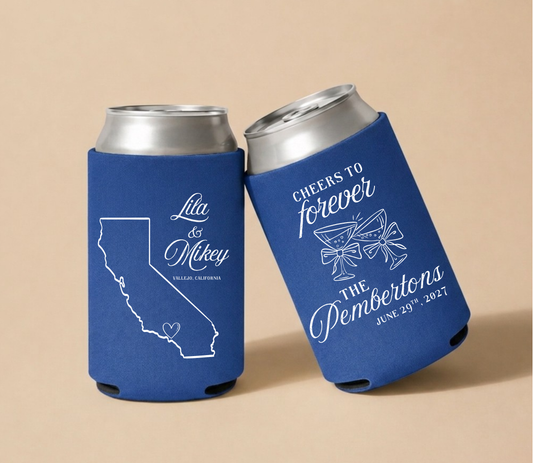 Royal blue personalized wedding can coolers featuring a California state outline, couple's names, wedding location, and custom wedding date.