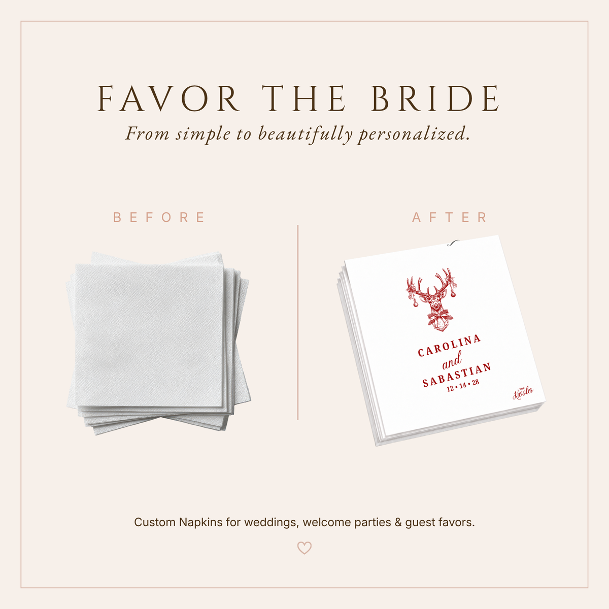 Carolina And Sebastian personalized holiday wedding napkins with classic Christmas artwork and red details.