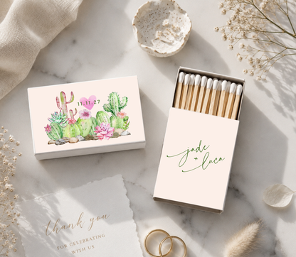 Personalized western wedding matchboxes with cactus floral artwork, custom names, wedding date, and I Do For You wording on white matchboxes