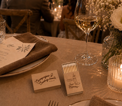 Personalized country wedding matchboxes.