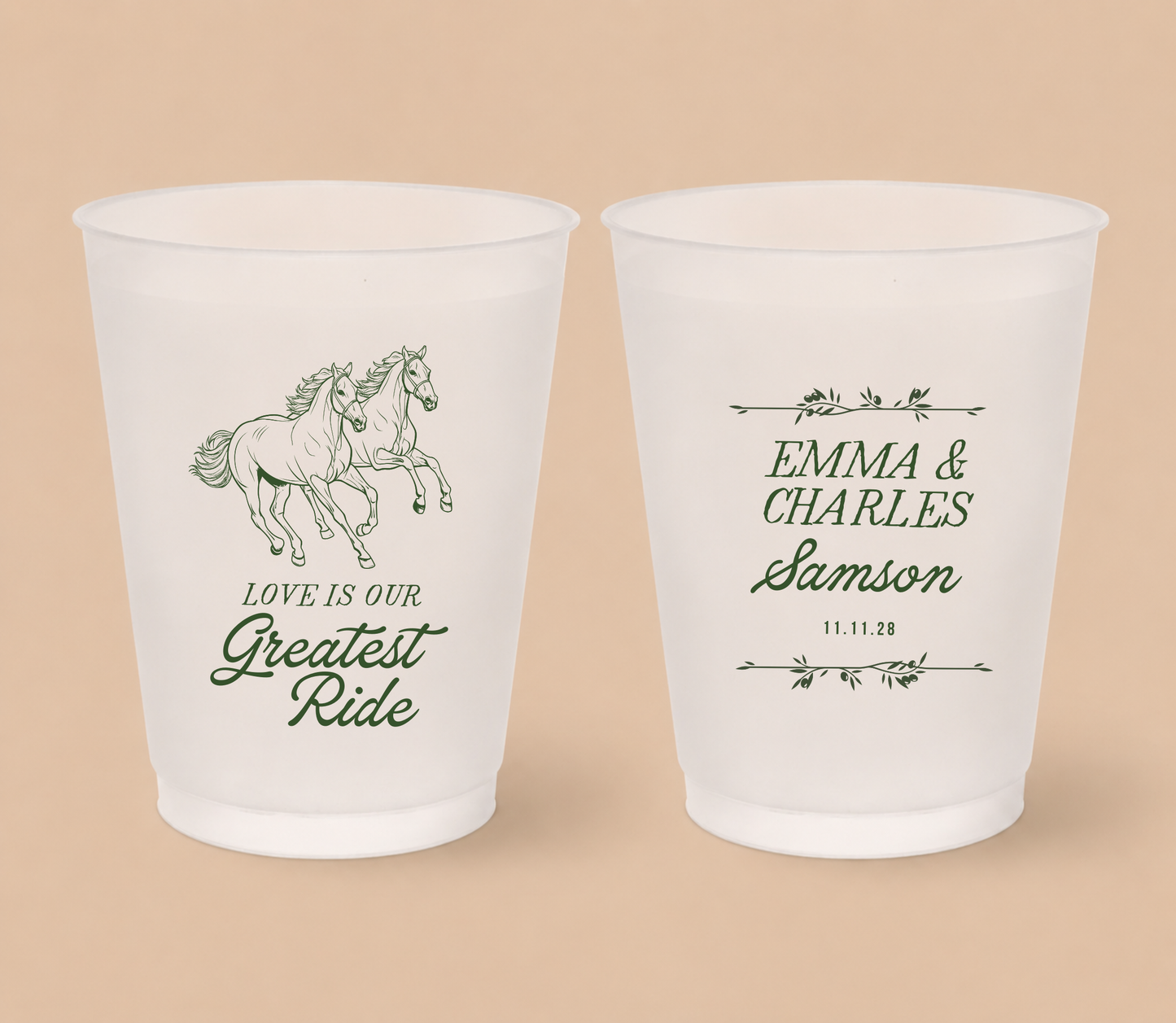 White frosted wedding cups featuring running horses with personalized couple names, family surname, and wedding date for a Western wedding.