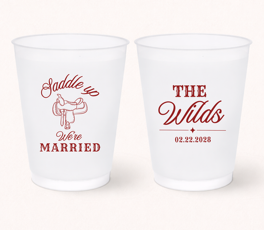 Personalized western wedding frosted cup
Saddle Up We’re Married wedding cup
Custom ranch wedding frosted cup
Country wedding drinkware favor