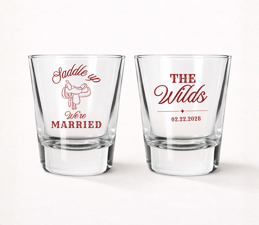 Saddle Up We're Married wedding shot glasses
Western wedding shot glasses with saddle design
Country wedding favor shot glasses
Personalized ranch wedding shot glasses
Cowboy themed wedding barware
Rustic western wedding shot glass favors