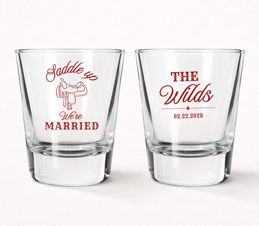 Saddle Up We're Married wedding shot glasses
Western wedding shot glasses with saddle design
Country wedding favor shot glasses
Personalized ranch wedding shot glasses
Cowboy themed wedding barware
Rustic western wedding shot glass favors
