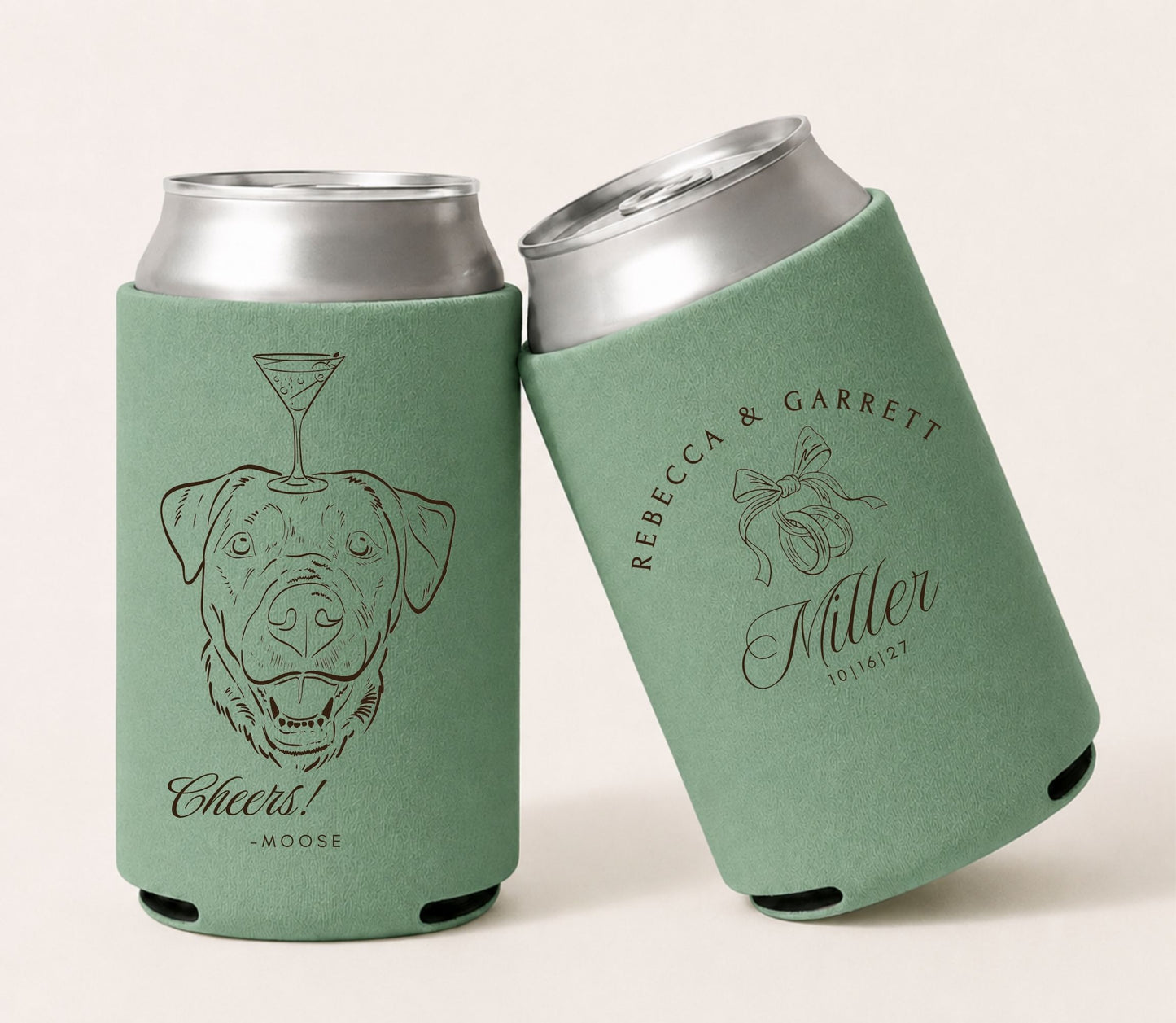 Sage green personalized wedding can coolers featuring a custom dog portrait, cocktail glass artwork, Rebecca and Garrett Miller wedding personalization, wedding date 10.16.27, and "Cheers! Moose" pet-themed design.