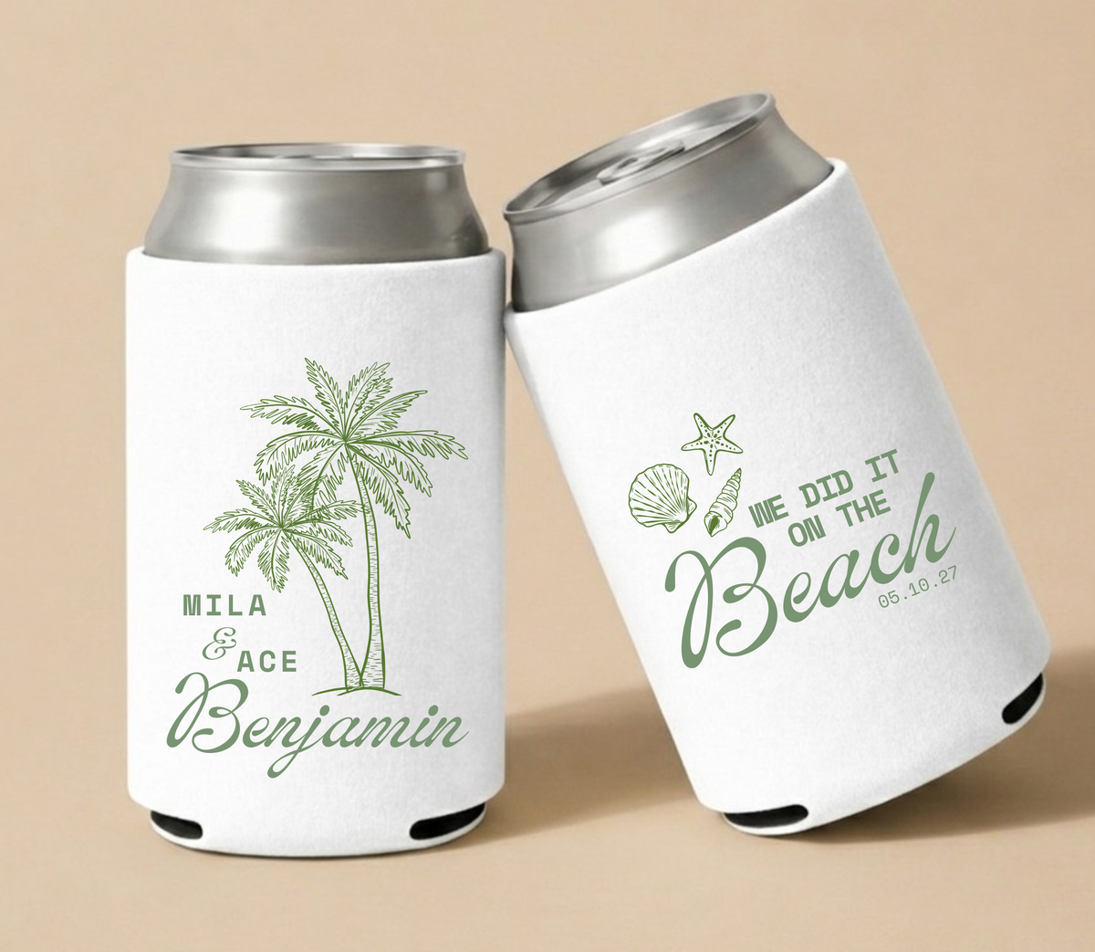 Personalized Beach Wedding Can Coolers