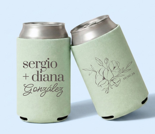 Personalized sage green wedding can coolers featuring Sergio and Diana González names in muted brown lettering with delicate floral line artwork and October 10, 2028 wedding date.