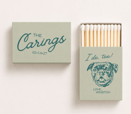 Sage green personalized script wedding matchboxes featuring elegant script typography, a custom pug portrait, pet name, couple names, wedding date, and premium safety matches.
Personalized script wedding matchbox featuring a custom pug portrait and elegant typography.
Custom pet portrait wedding matchbox with script lettering, couple names, and wedding date.