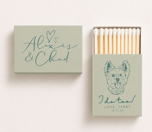Sage green personalized wedding matchboxes featuring a custom dog portrait, elegant script couple names, pet name, wedding date, premium safety matches, and professional printing.
Personalized dog wedding matchbox featuring a custom pet portrait and elegant script names.
Custom dog portrait wedding matchbox with couple names, pet name, and wedding date.