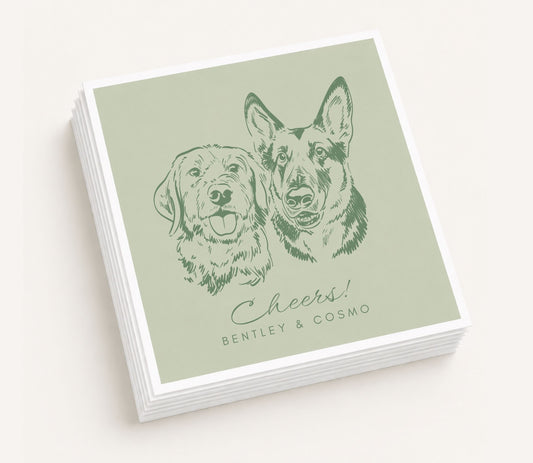 Sage green personalized wedding table napkins featuring two custom dog portraits, elegant script typography, personalized pet names Bentley and Cosmo, and premium paper construction.
Personalized wedding table napkin featuring two custom dog portraits and elegant script typography.
Custom pet portrait wedding table napkin with two dogs, personalized pet names, and premium paper construction.