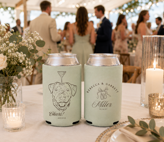 Sage green personalized wedding can coolers featuring a custom dog portrait, cocktail glass artwork, Rebecca and Garrett Miller wedding personalization, wedding date 10.16.27, and "Cheers! Moose" pet-themed design.