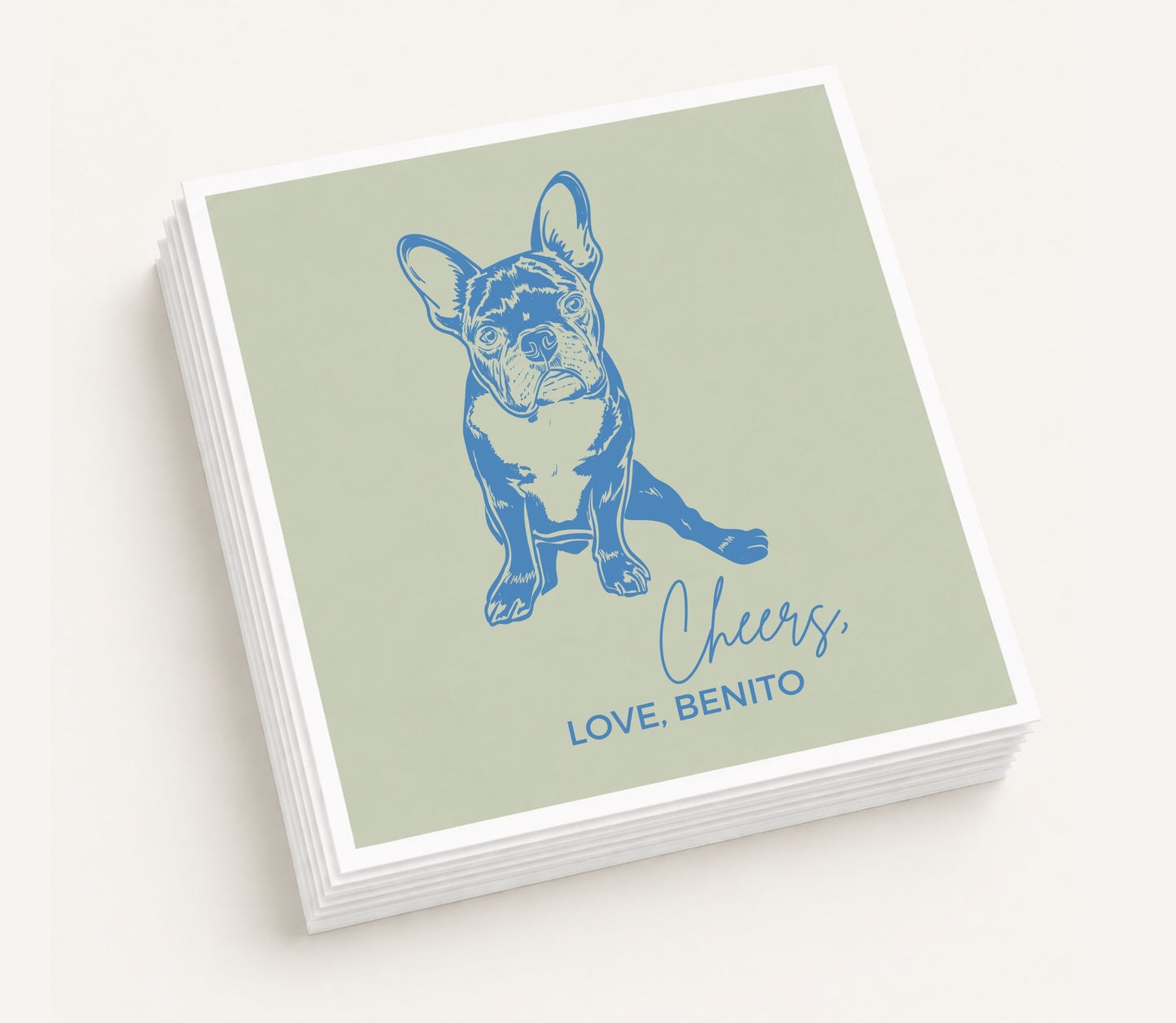 Sage green personalized wedding cocktail napkin featuring a custom French Bulldog portrait, "Cheers, Love Benito" wording, and premium paper napkin construction.
