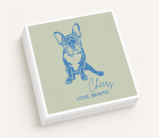 Sage green personalized wedding cocktail napkin featuring a custom French Bulldog portrait, "Cheers, Love Benito" wording, and premium paper napkin construction.
