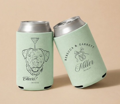 Sage green personalized wedding can coolers featuring a custom dog portrait, cocktail illustration, couple names, and wedding date.