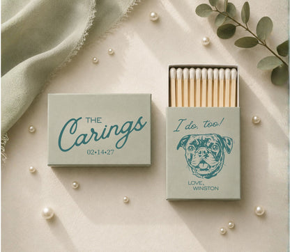 Sage green wedding matchboxes featuring script typography, custom pet portrait, and personalized wedding details.