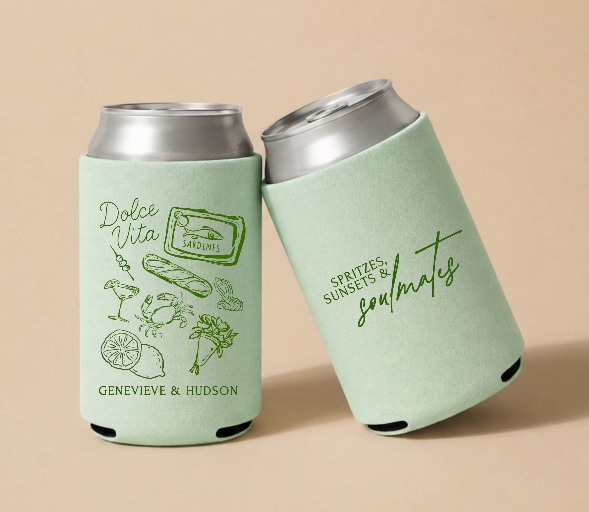 Sage personalized Italian coastal wedding can cooler featuring Dolce Vita artwork with Mediterranean food illustrations, custom names Genevieve and Hudson, and Spritzes Sunsets and Soulmates wedding design.