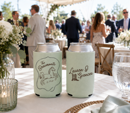 Mint green personalized western wedding can coolers featuring horse artwork, Lauren and Spencer wedding personalization, cowboy boot illustration, and wedding date