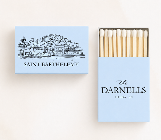 Personalized Saint Barthélemy wedding matchboxes featuring a St. Barts waterfront illustration with custom family name and wedding details.