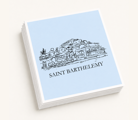 Personalized cocktail napkins featuring a hand-drawn illustration inspired by Saint Barthelemy (St. Barts).