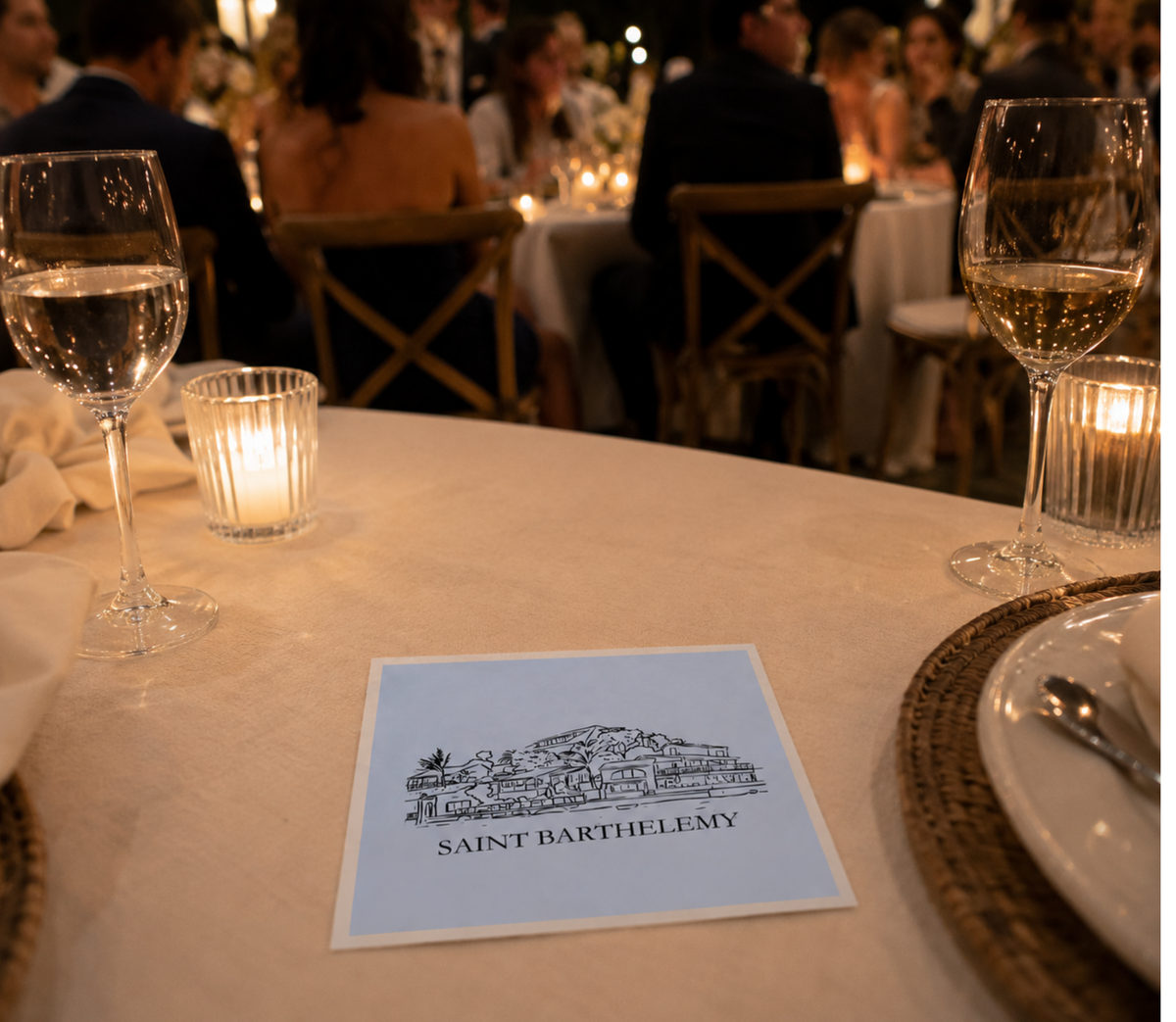 Custom Saint Barthelemy wedding cocktail napkins.
