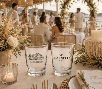 Personalized Saint Barthelemy wedding shot glasses with custom venue illustration and family name design