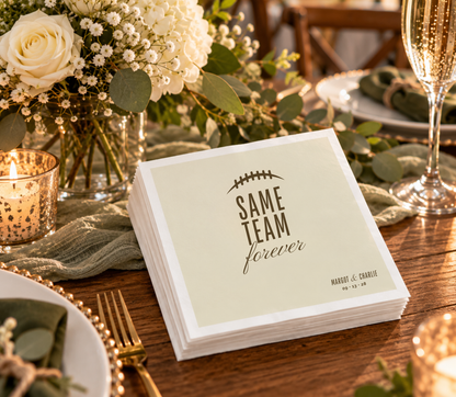 Personalized sports wedding napkins with bold Same Team lettering, elegant forever script, and custom wedding details.