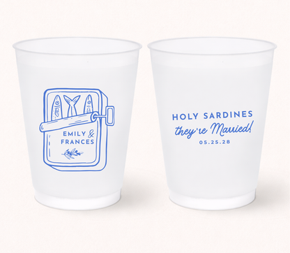 Holy Sardines wedding frosted cups with sardine tin design
Personalized sardine wedding cups with names and date
Coastal wedding frosted cups
Beach wedding cups with seafood illustration
Nautical wedding drinkware with sardine artwork
Custom destination wedding favor cups