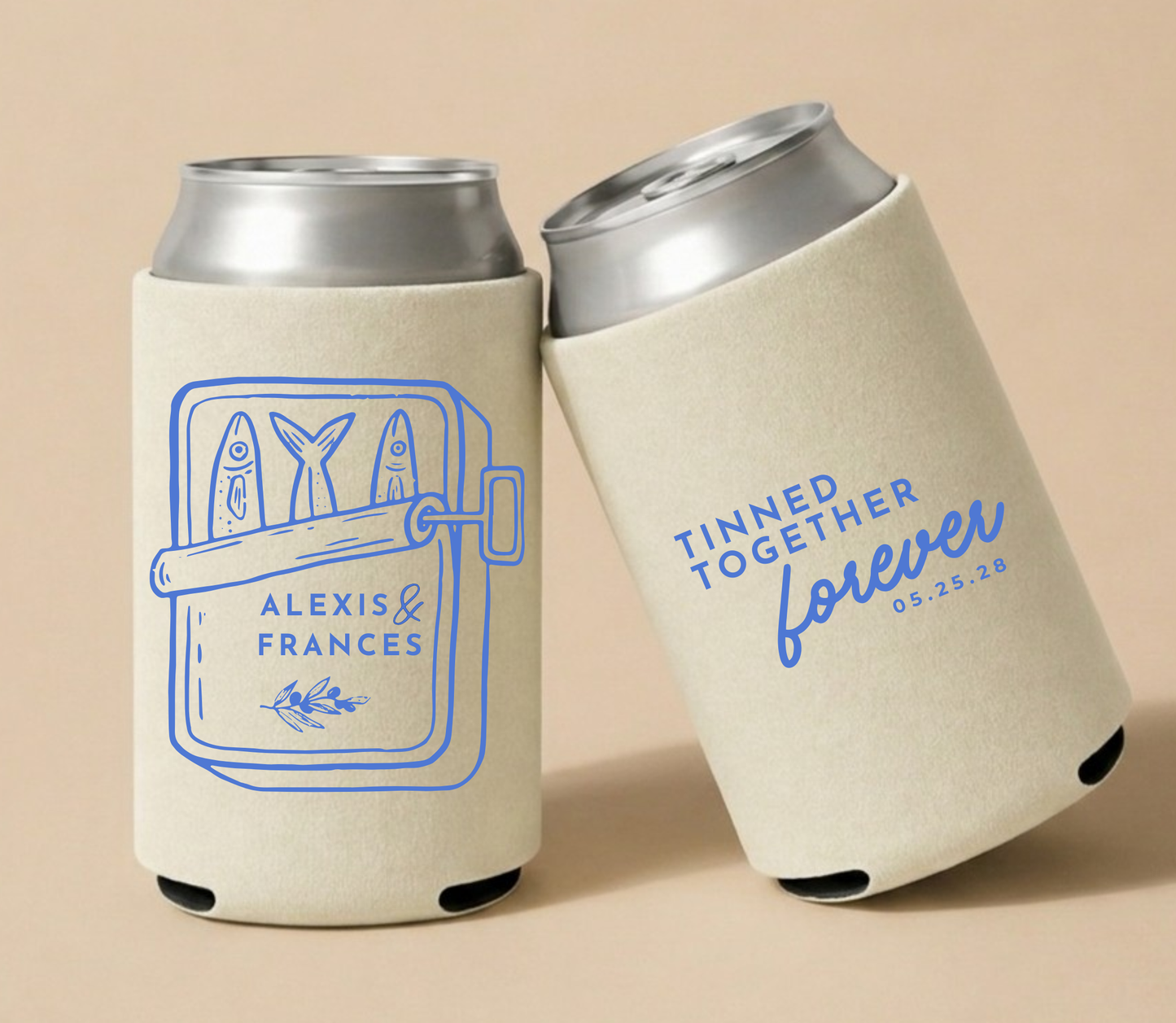 Personalized sardine wedding can coolers with blue sardine tin design on sage green drink sleeves for coastal beach wedding favors