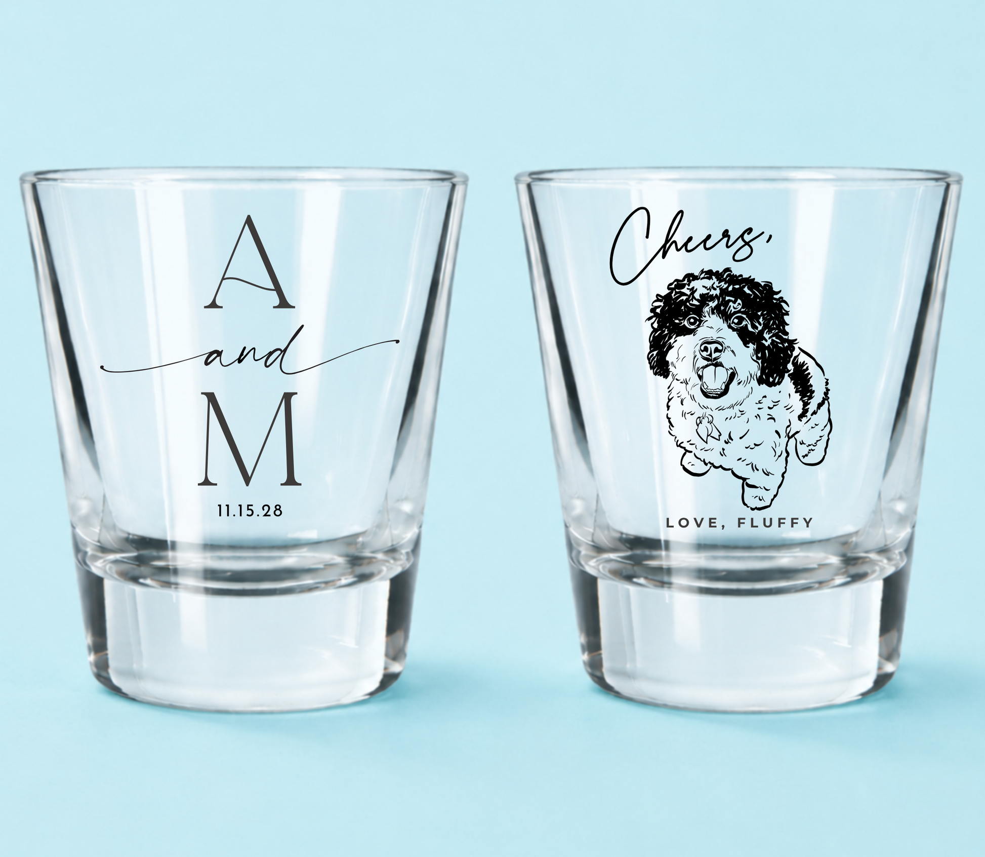 Pet wedding frosted shot glasses featuring custom dog portrait artwork