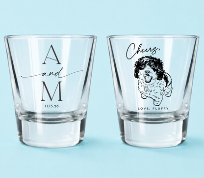 Pet wedding frosted shot glasses featuring custom dog portrait artwork