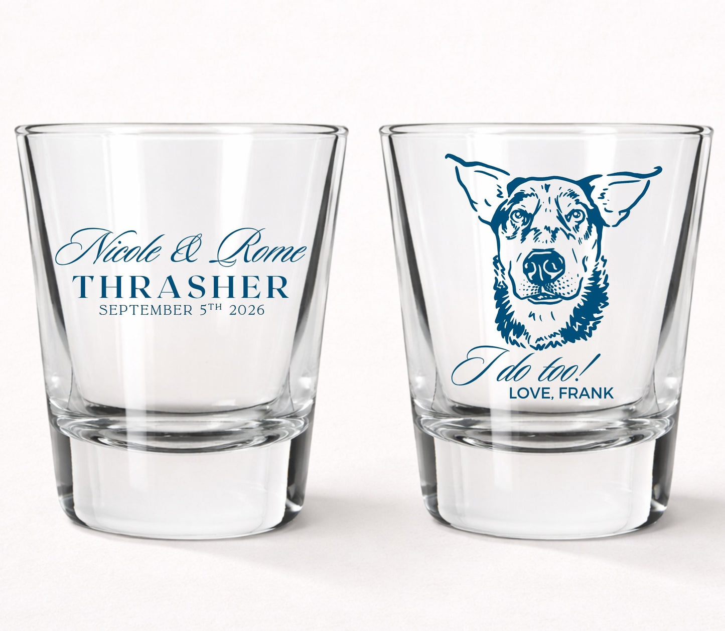 Personalized pet wedding shot glasses with custom dog portrait couple names and wedding date
