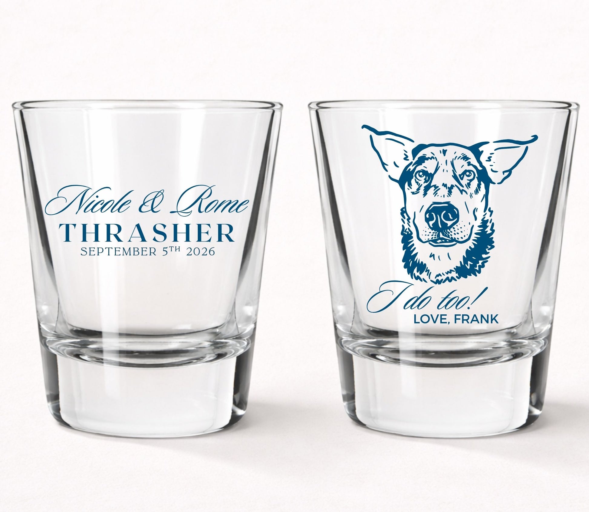 Personalized pet wedding shot glasses with custom dog portrait couple names and wedding date
