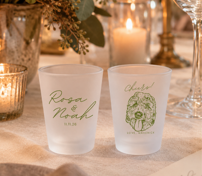 Personalized pet frosted shot glasses with custom pet portrait couple names and wedding date