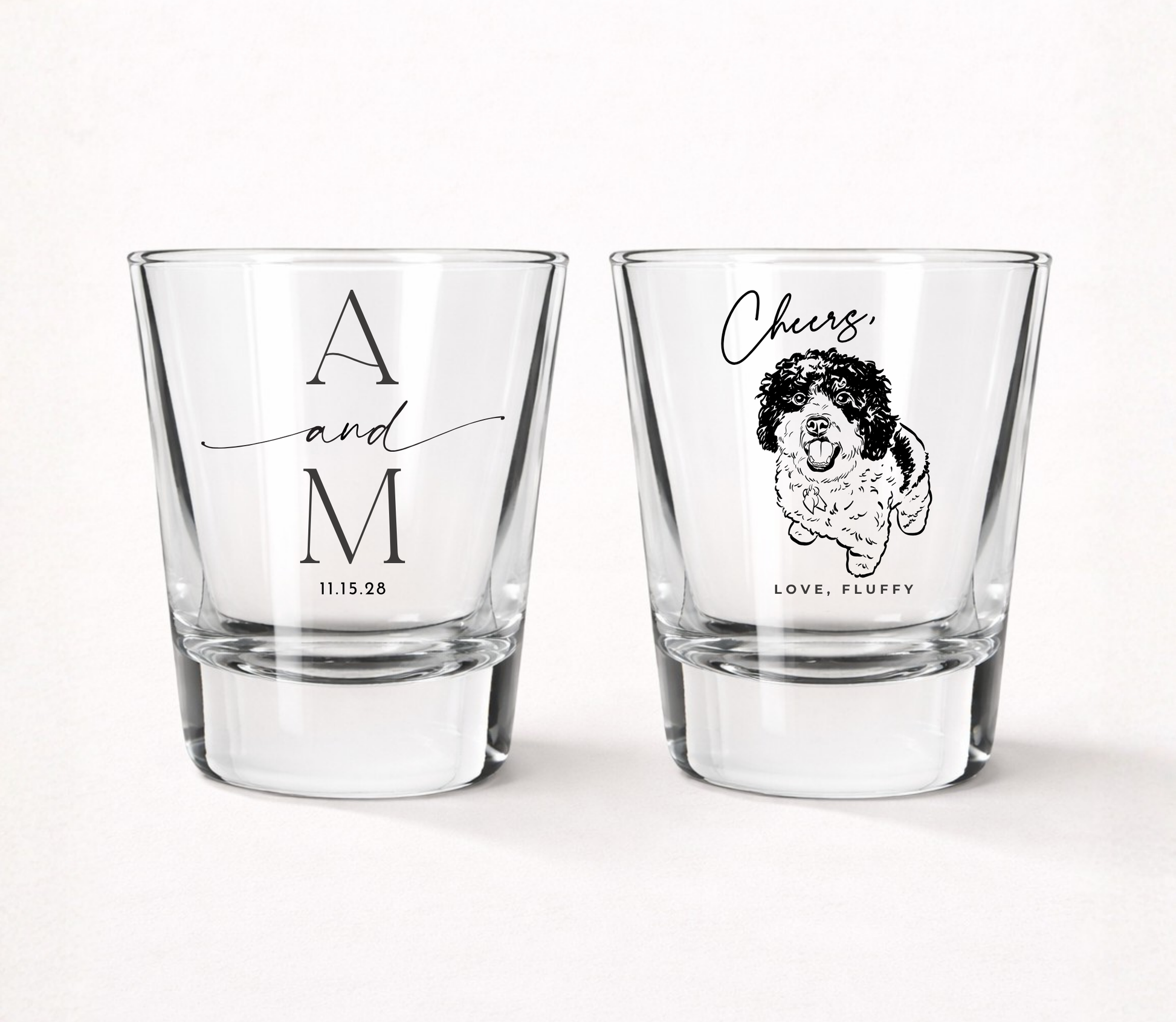 Frosted shot glass with pet for a wedding celebration with couples initials and date 