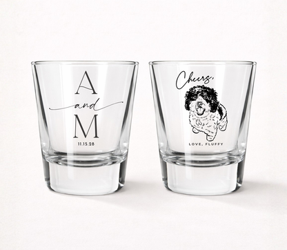 Frosted shot glass with pet for a wedding celebration with couples initials and date 